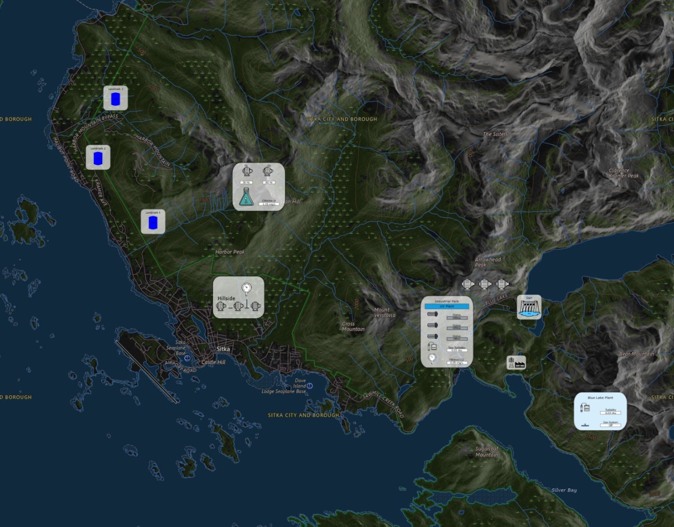 GIS Dark Mode — Satellite terrain view with facility overlays